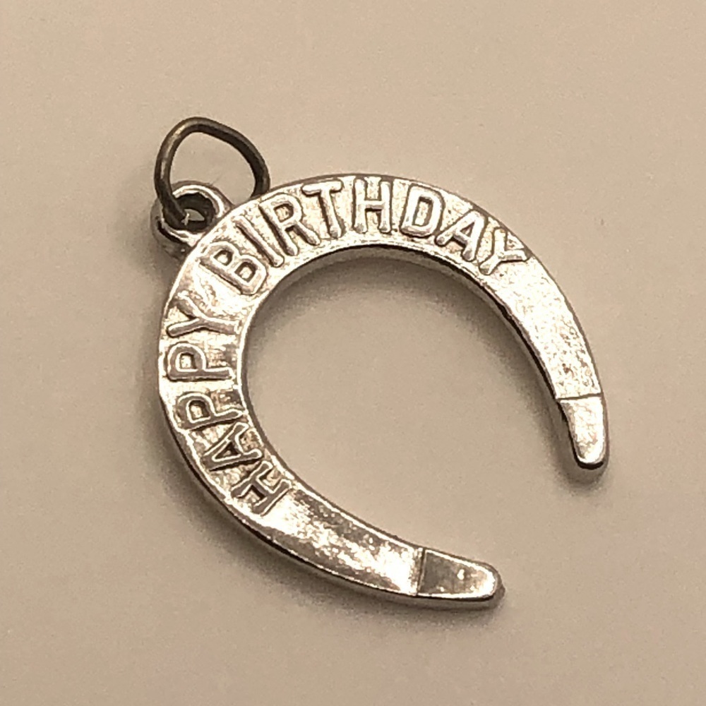 STERLING Silver Happy Birthday Lucky Horseshoe Pendant / Charm - Vintage